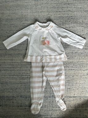Mayoral White Set with Beige Stripes and Cherry Motif